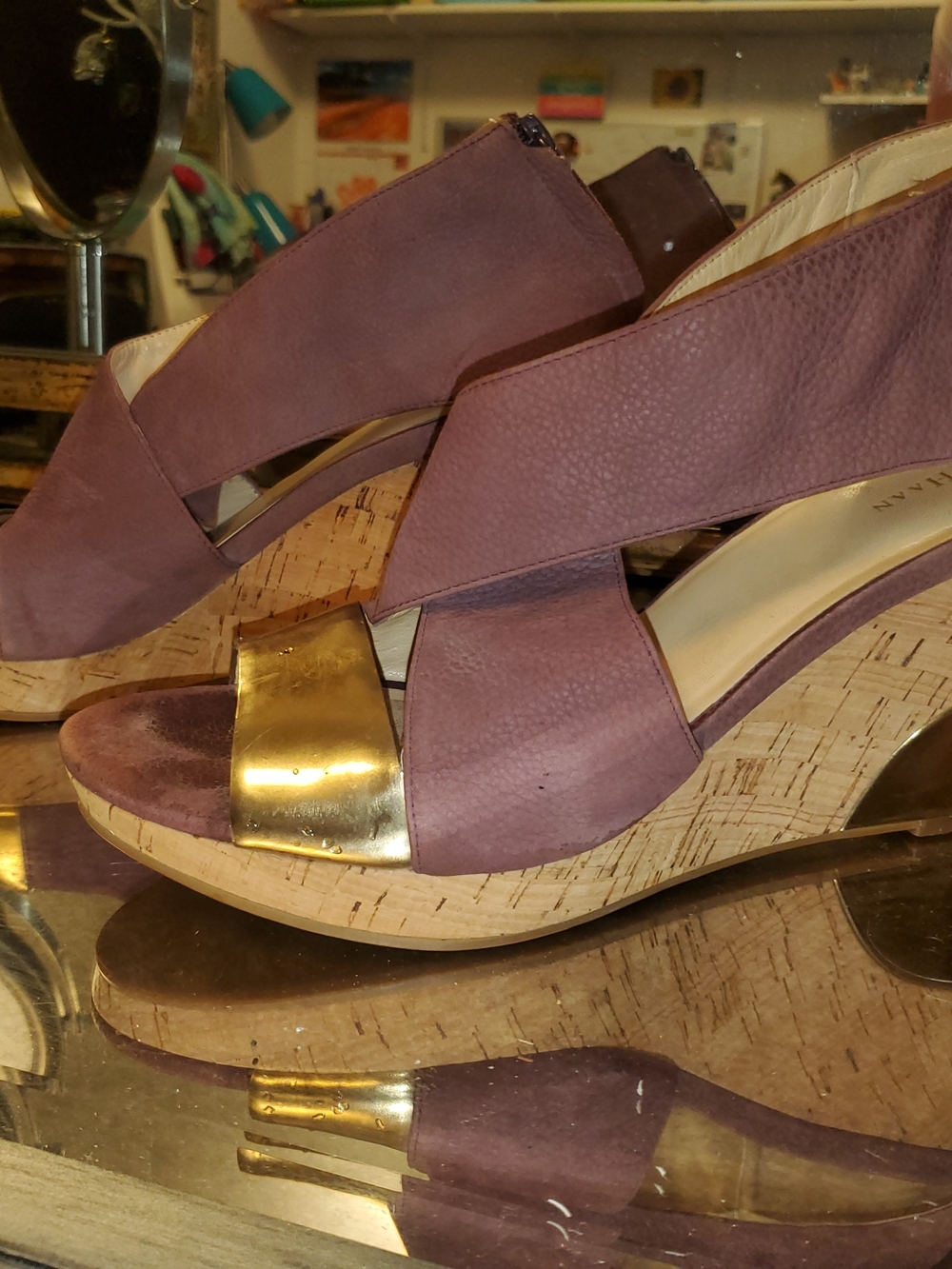 Wedge Heel Cole Haan Eggplant Purple  Sandals with Gold Accent
